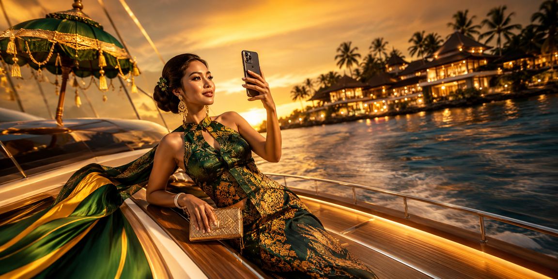 Model menampilkan penawaran bonus VIP eksklusif dengan nuansa premium dan elegan