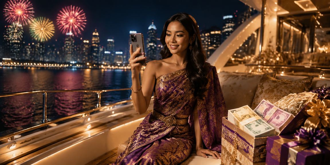Pengguna memainkan casino mobile di suasana festival yang ramai dan berwarna-warni